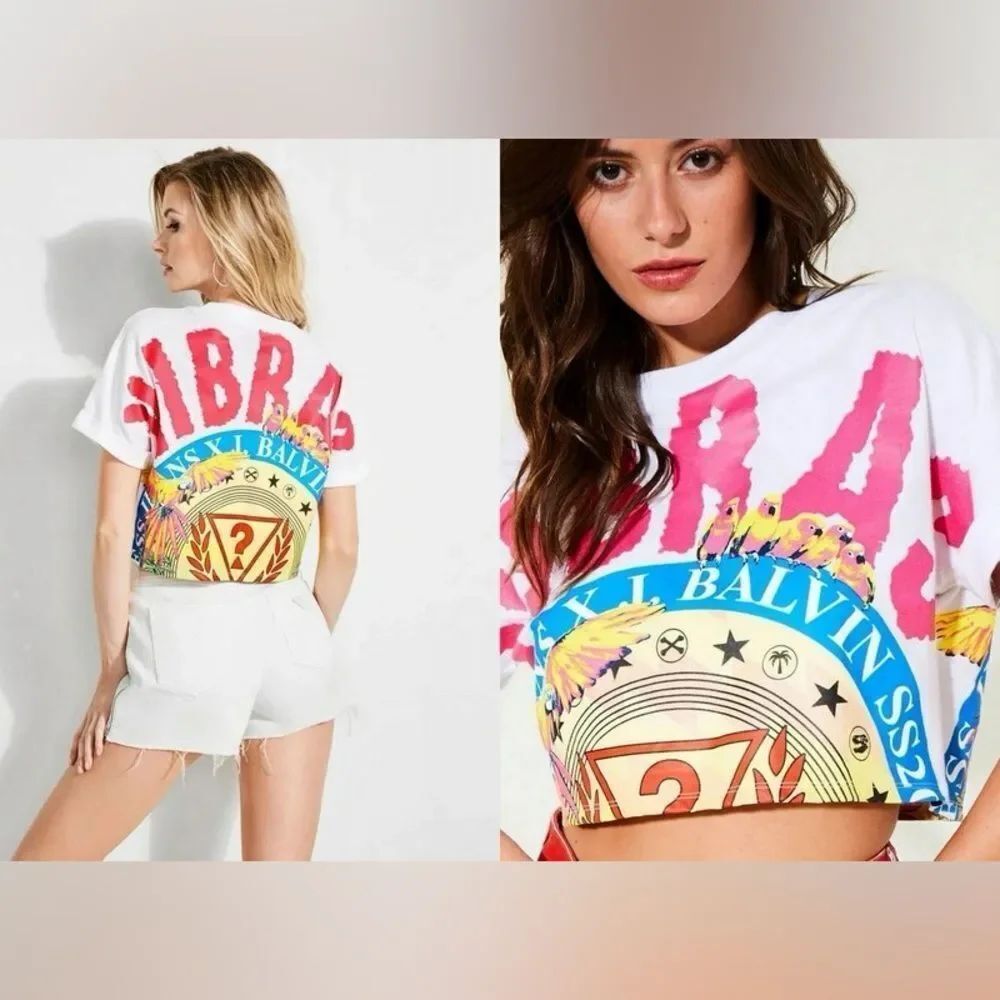 Guess x J BALVIN Vibras Cotton Graphic Cropped T-Shirt Sz XS